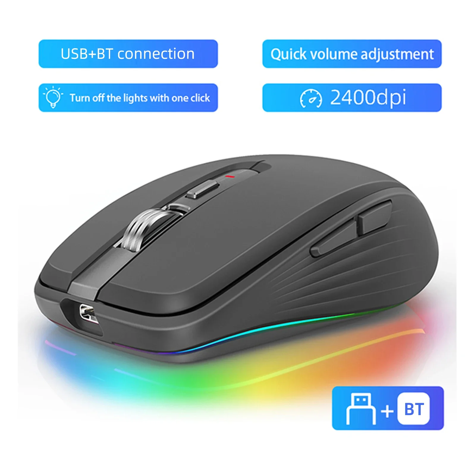 Фото 2,4G двухрежимная беспроводная мышь Bluetooth BT5.1 Компьютерные игровые мыши Эргономичный дизайн 4-ступенчатая регулировка DPI Встроенная перезаряжаемая №2