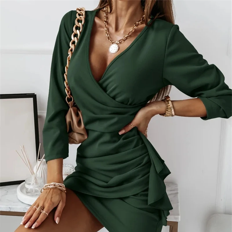 

2022 Women Robe Femme Spring Autumn Solid Color Dresses V-Neck Long Sleeve Slim Hips Mini Dress for Woman Clothing Vestidos