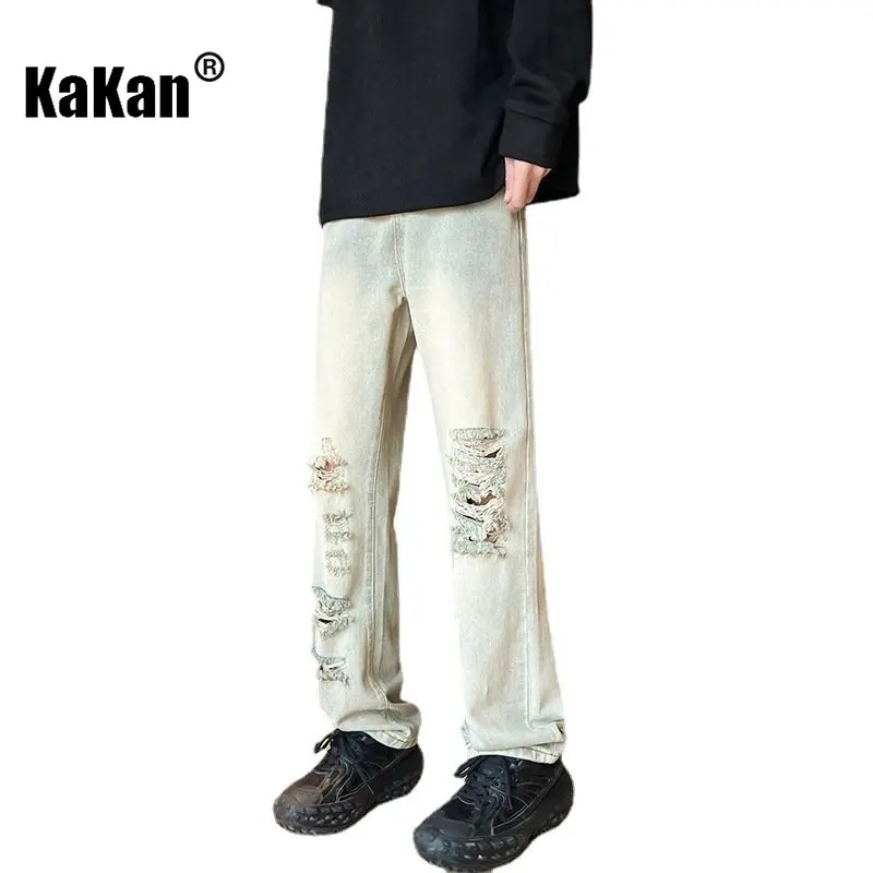 Kakan - New High Street Distressed Jeans Men's Wear, Wash Vintage Loose Fashion Slim Fit Straight Leg Jeans K24-KJ2229