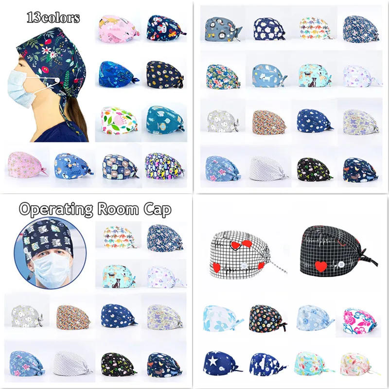 

2021 Women New Scrub Nurse Hat Surgicals Cap Floral Bouffant Cap Fashion Multicolor Nurse Scrub Cap Adjustable Bandage Turban