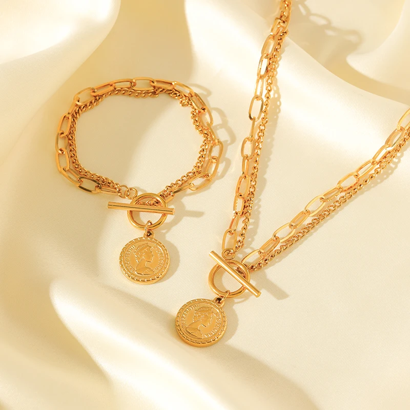 EILIECK Новая мода круглый портрет монета ожерелье браслеты набор для женщин модные