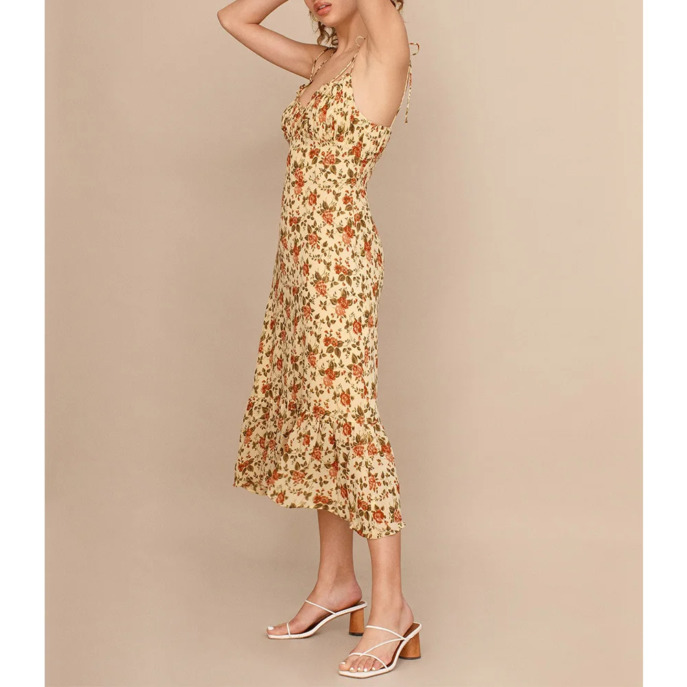 

Женское шифоновое платье средней длины, элегантное платье с оборками на Подоле и V-образным вырезом, на бретелях-спагетти, с винтажным цвето...