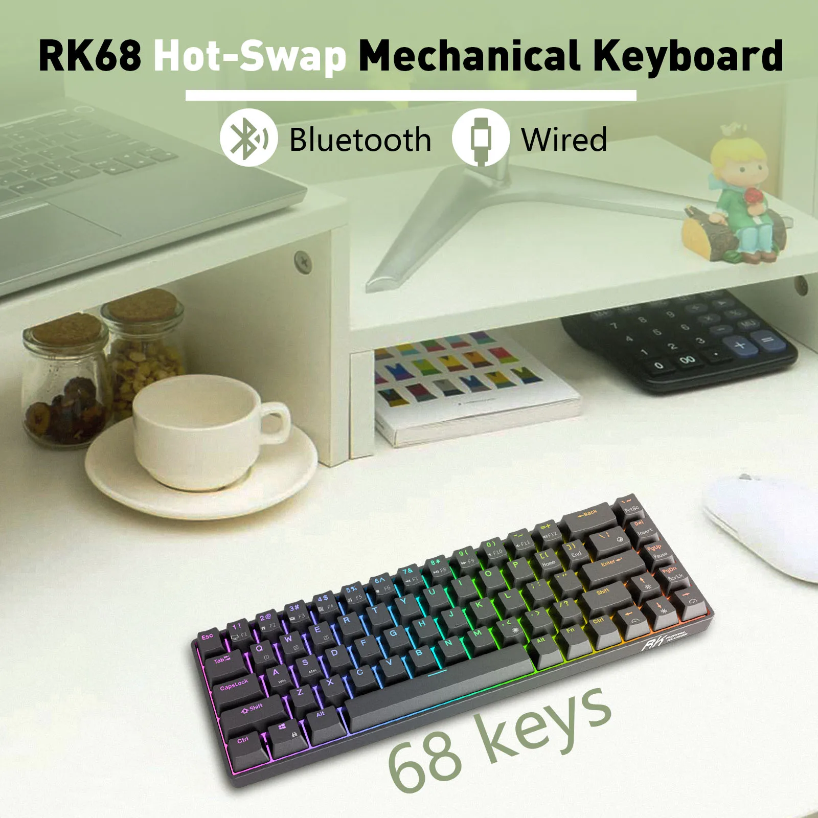 RK68 (RK855) 65% Bluetooth RGB Hot Swappble Mechanical Gaming Keyboard Compact 68 Keys Wireless Gamer Keyboard for PC Laptop