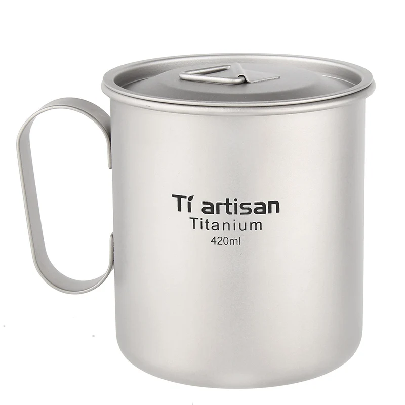 

420ml Tiartisan Titanium Cup Coffee Tea Mug Ultralight Metal Milk Mug Fixed Handle Drinkware For Home or Outdoor With Lid Ta8353