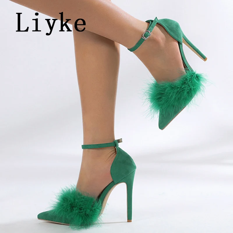 

Женские туфли-лодочки Liyke, искусственный мех, высокий каблук, заостренный носок, ремешок на шпильке, пикантная обувь для вечеринки и выпускн...