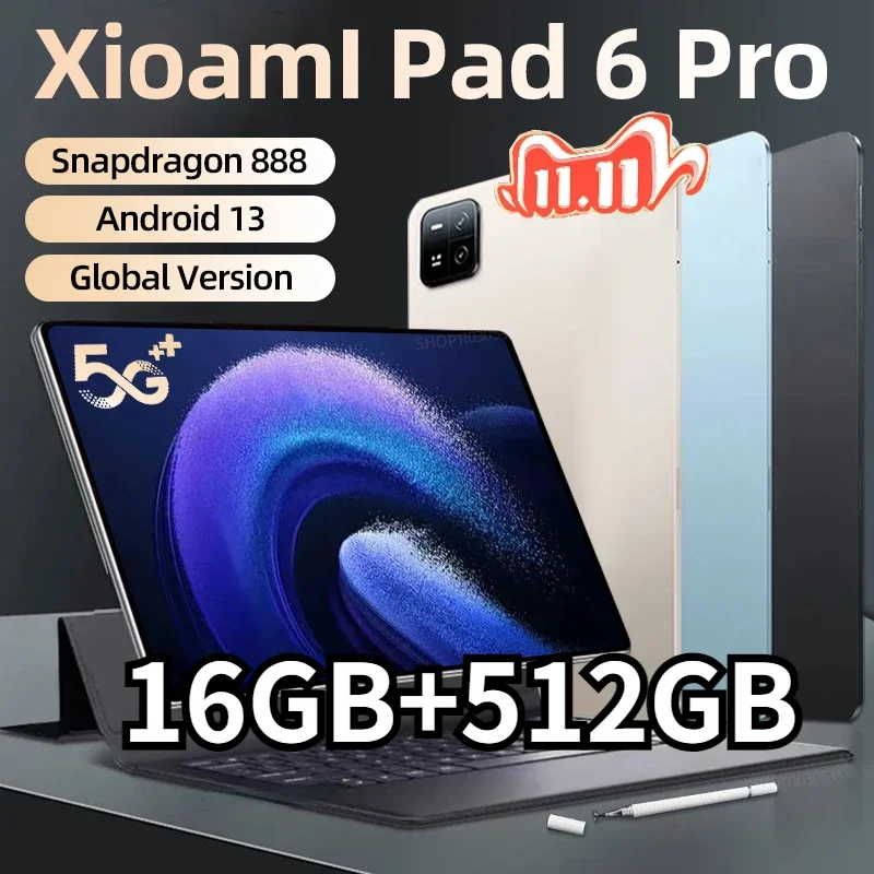 

2024 Tablets PC Original Global Version Tablet Android Pad 6 Pro 16GB+512GB Snapdragon 888 5G Dual SIM Card or WIFI HD 4K Mi Tab