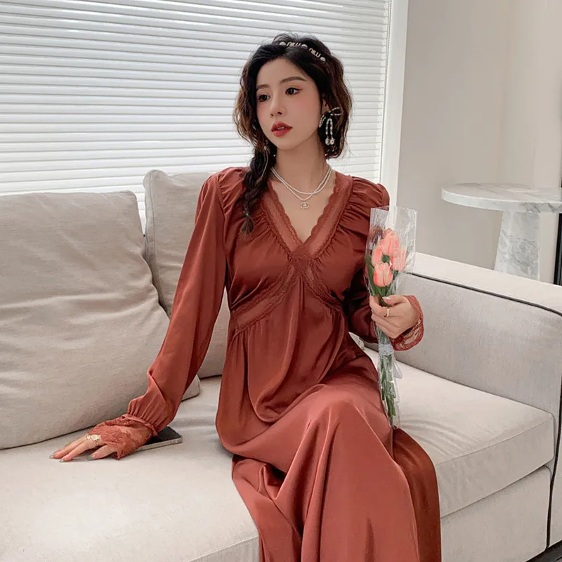 

V-Neck Sexy Nightdress Satin Long Sleeve Home Clothing Sleepwear Women Spring New Loungewear Sexy Lace Homewear Nightgown