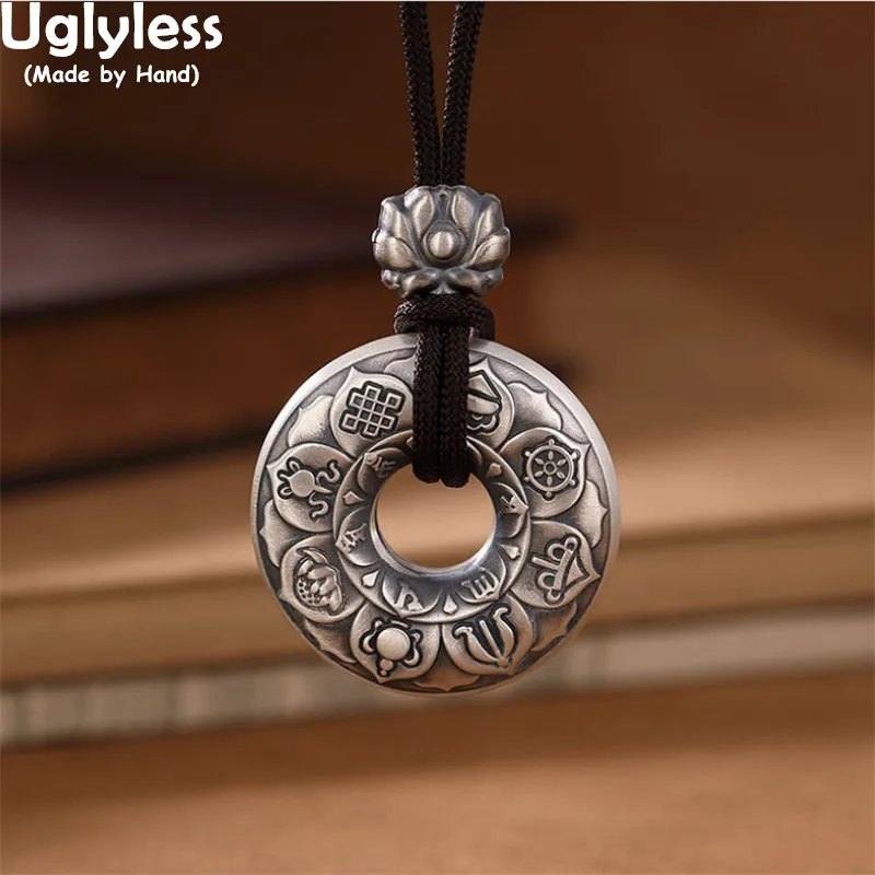 

Uglyless Real 99.9% Full Silver Pendants Necklaces WITH Rope chains Unisex Eight Treasures Buddhism Silver Jewelry Heart Sutra