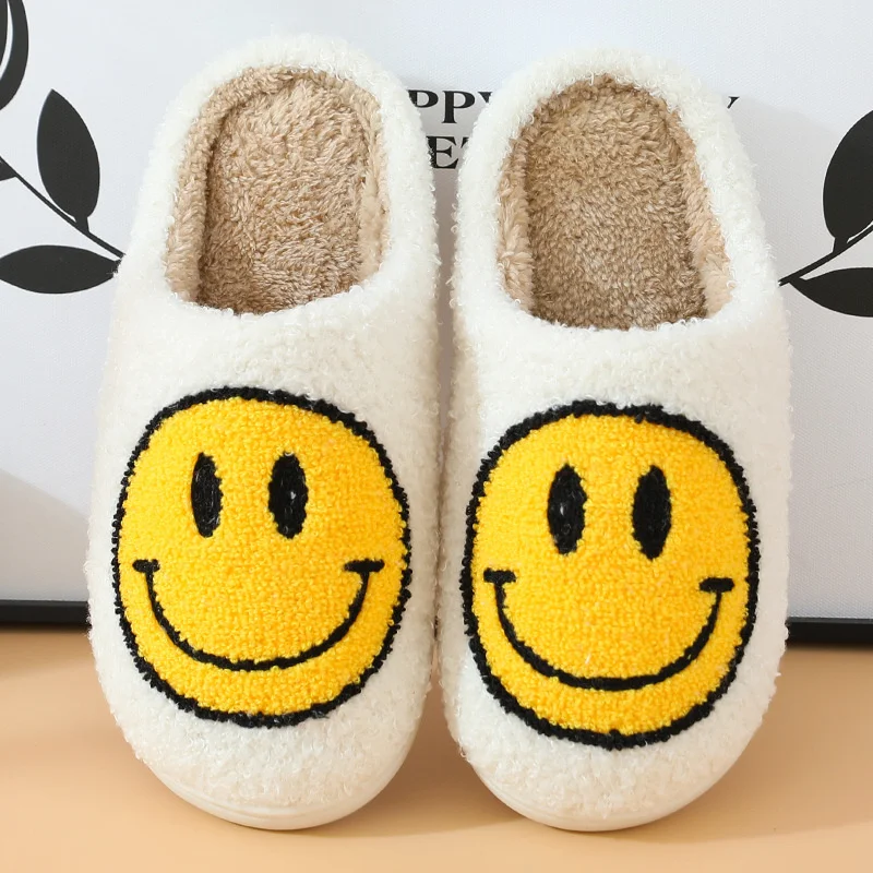 Hot Winter Big Smiley Pattern Women Fur Slippers House Couples Men Fluffy Slides Autumn Warm Plush Bedroom Ladies Cotton Shoes