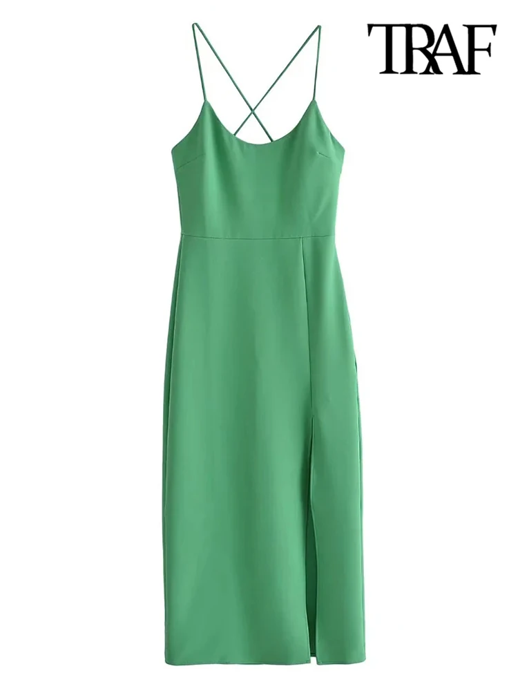 

TRAF Women Fashion Front Slit Green Midi Tube Dress Vintage Backless Zipper Crossover Thin Straps Female Dresses Vestidos