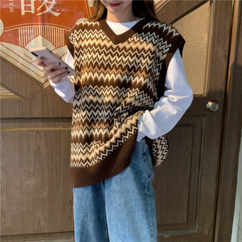 

Korean Striped Knitted Sweater Vest Women 2021 New Fashion Loose Casual Cottagecore Sweater Vest Warm Streetwear Spring Autumn