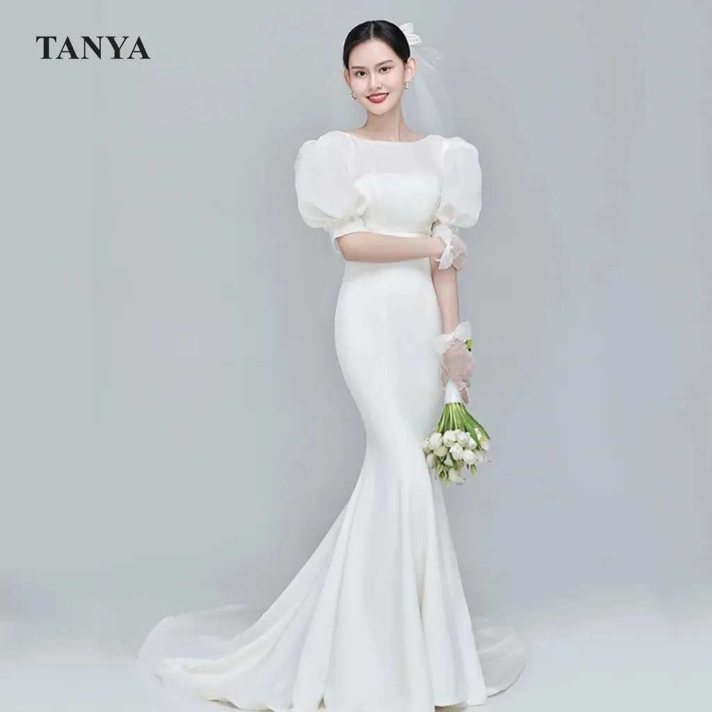 

Соблазнительные Свадебные платья-русалки, элегантное скромное свадебное платье с пышными короткими рукавами и V-образным вырезом на спине, SWD135