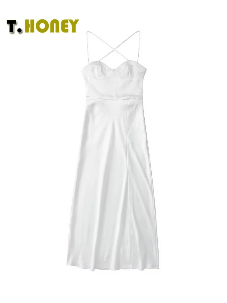 

TELLHONEY Women Fashion Solid Color Sweetheart Neck Back Lace Up Dress Female Sexy Front Slit A Line Backless Sleeveless Dresses