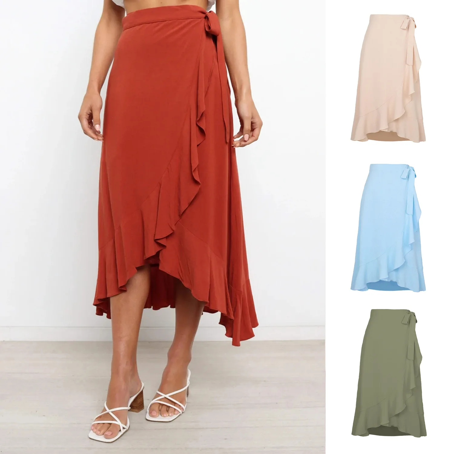 Women Satin Lace Up Irregular High Elastic Waist Midi Skirt Summer Ladies A-Line Dress Ladies Boho Beach Skirts Summer 2022