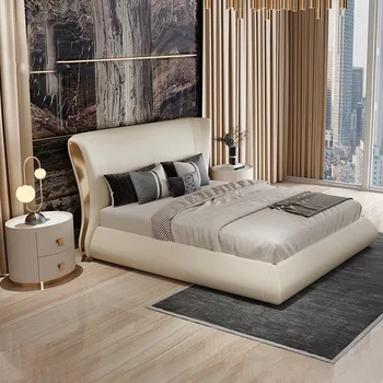 Light luxury modern leather solid wood double bed master bedroom big bed Italian high-end villa furniture C3 new product