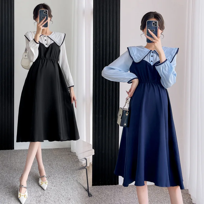 

Осеннее платье с отложным воротником и длинным рукавом, сращенная трапециевидная Одежда для беременных женщин, милая Одежда для беременных