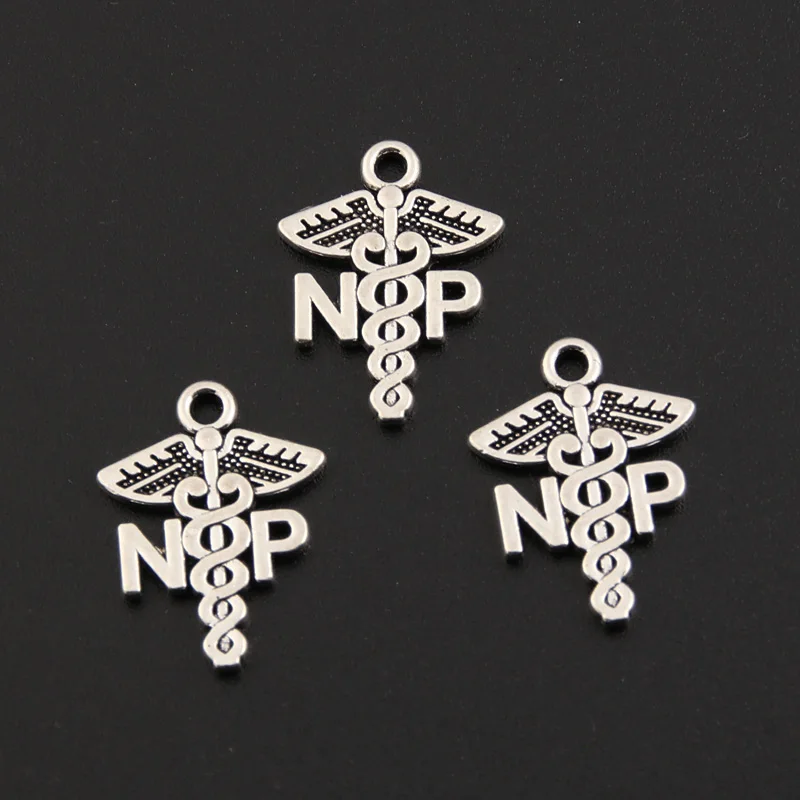40pcs Silver Color 21x15.5mm Caduceus Medical Symbol Charms NP Sign Pendant Nurse Gift Fit DIY Handmade Jewelry Finding Supplies