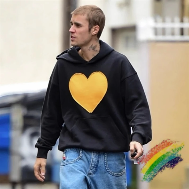 

Толстовка с капюшоном для мужчин и женщин, Джастин Бибер FW23, желтый пуловер с нашивками и сердечками, 1:1