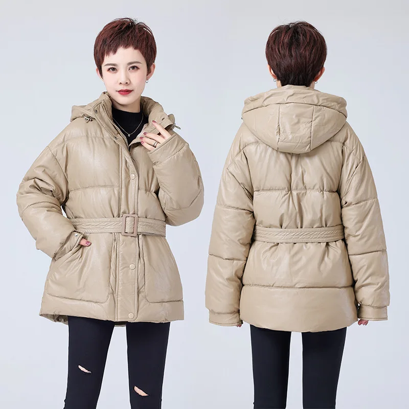 COZOK Women Hooded Jacket with Belt Loose Parka Soft Outwear Ladies Casual Streetwear Winter New Fashion Coat Female Clothes