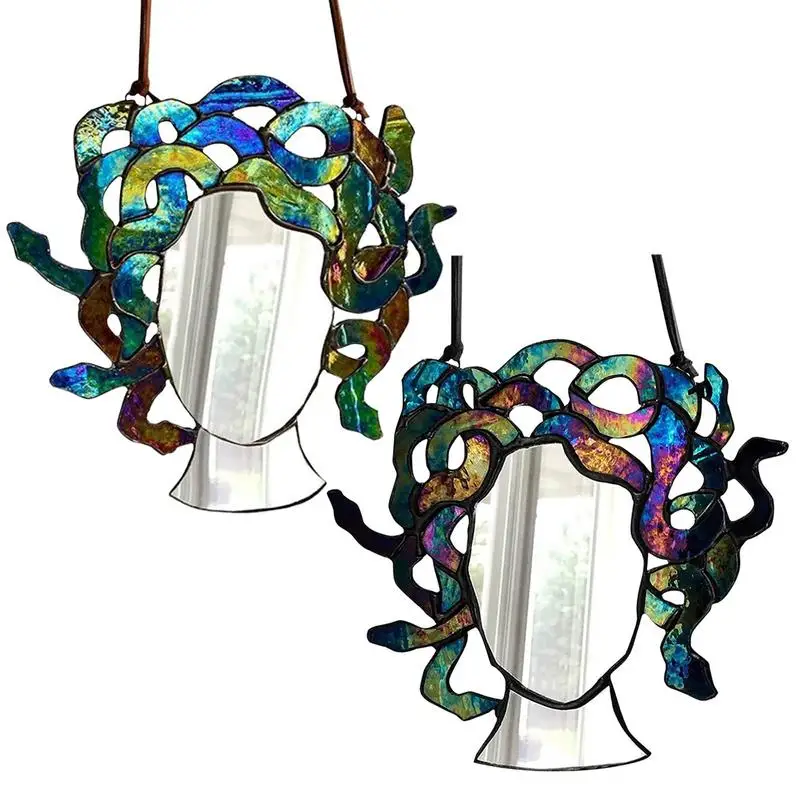 

Stained Glass Medusa Mirror Multi-Color Spectrum Wall Mountable Crone Pendant Mirror Home Garden Courtyard Balcony Decoration