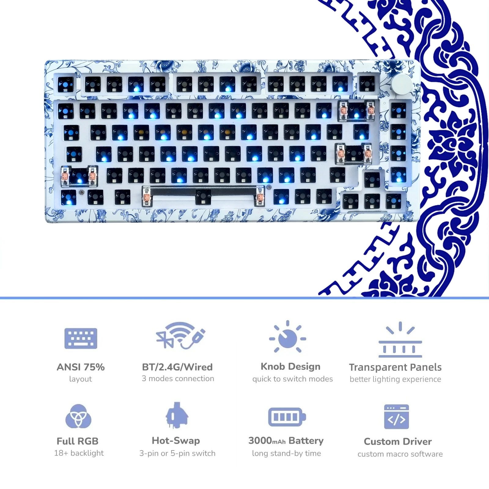 MAIMOOO сине-белая фарфоровая клавиатура MLK75 75% Комплект клавиатуры Hotswap RGB с