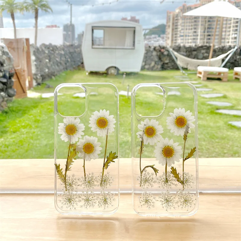 

Cute Luxury Transparency Dried Flower Daisy Phone Case For Iphone 13 Mini 12 Pro 11 X XR XS Max 8 7 Plus Protective Back Cover