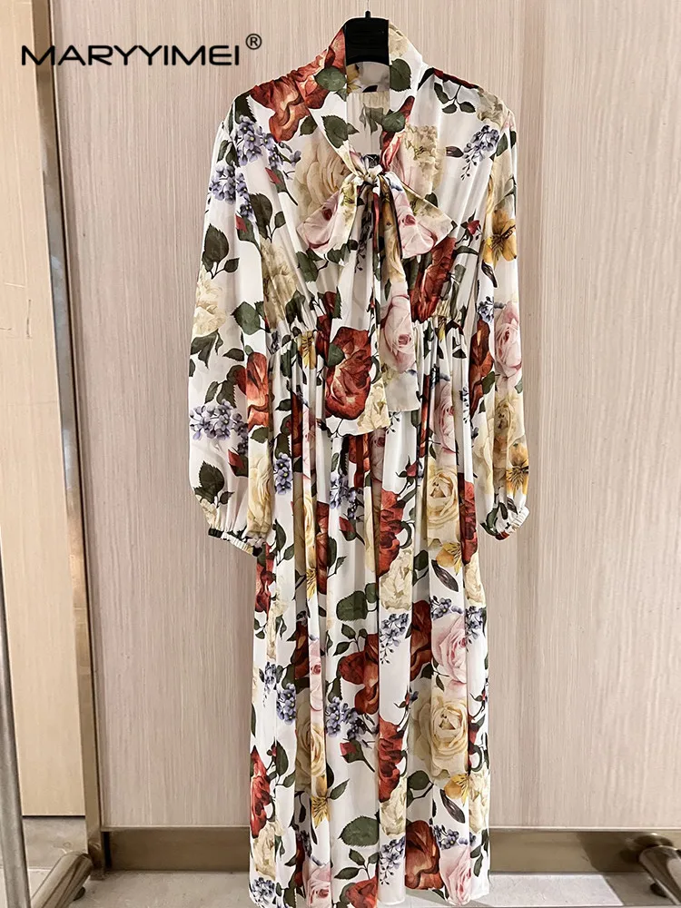 

MARYYIMEI Lantern Sleeve Scarf Collar Silk dress Spring Autumn Bow Vintage Print Holiday Large Swing Long Dresses