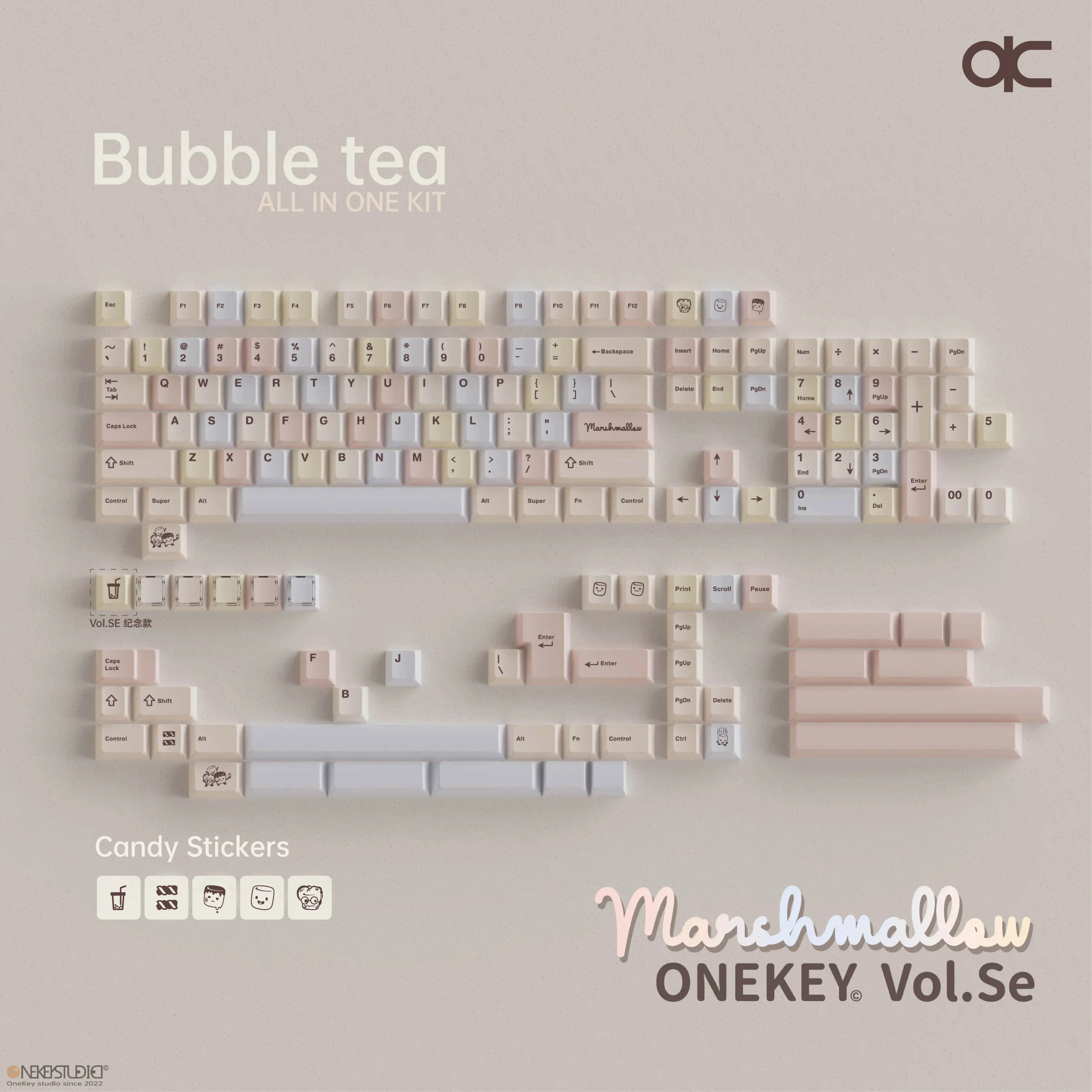 Фото Клавиши Qwertykeys ONEKEY Marshmallow PBT Dye Sub для механической клавиатуры, профиль Cherry, для самостоятельной сборки клавиатуры №1