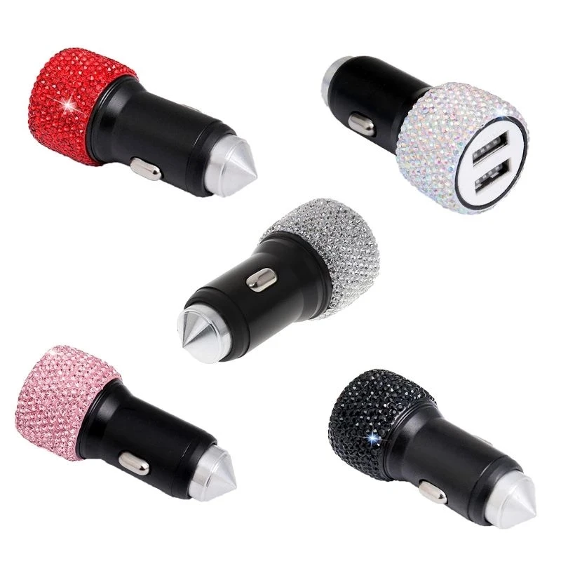 

1Pcs Auto Dual USB Car Charger Bling Handmade Rhinestones Crystal Car Decorations For Fast Charging Auto Car Decor 5Colors