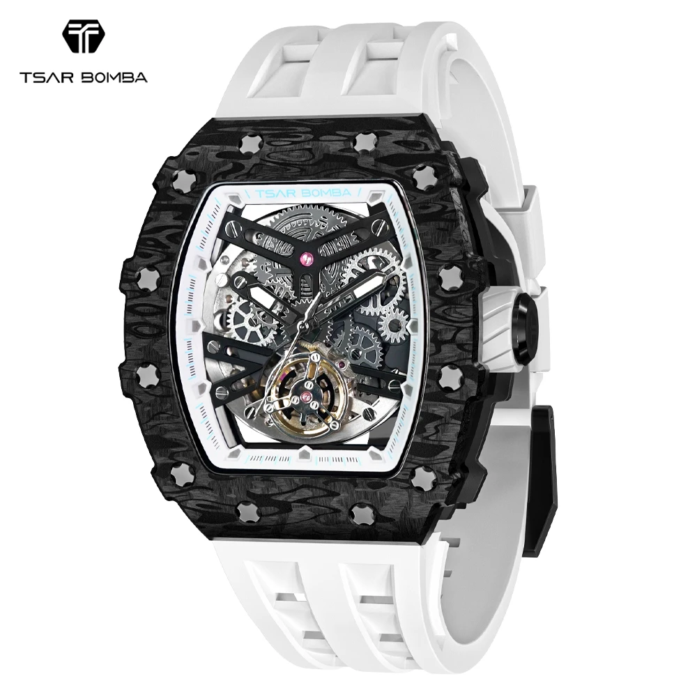 

TSAR BOMBA Watch for Man Luxury Carbon Firber Bezel Automatical Mechanical Wristwatch 50M Waterproof Tonneau Watch Montre Homme