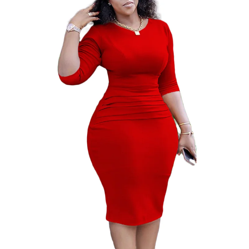 

Spring Summer Elegant Solid Pleated Pencil Dress African Women Fashion OL Solid Round Neck Long Sleeve Slim Midi Dress Women