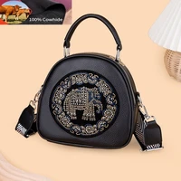 genuine leather double zip women shoulder bag genuine leather wide strap crossbody bag ladies casual totes inlaid colorful beads