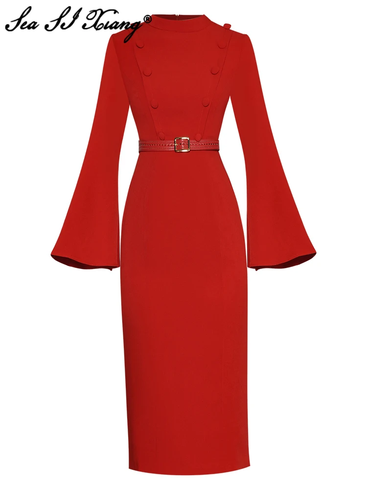 

Seasixiang Fashion Designer Spring Pencil Dress Women O-Neck Flare Sleeve Sashes Office Lady Red Package Buttocks Dresses