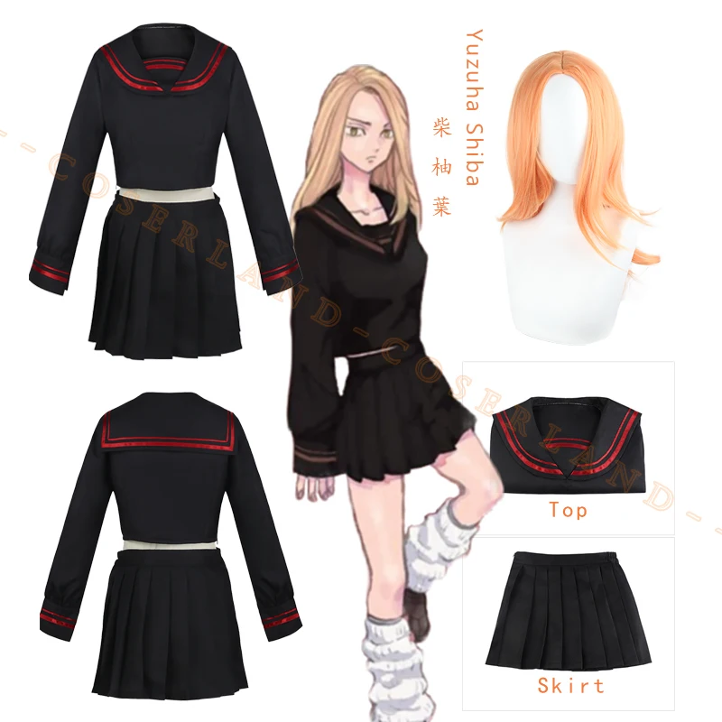 

Yuzuha Shiba Cosplay Costume Anime Tokyo Revengers Girl Dress Black Sailor Suit Skirt Set Long Orange Ginger Wig Party Role Play