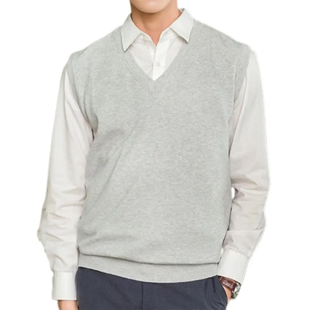 

Sleeveless Loose Warm Sweater Vest Men Solid Color V-neck Pullover Waistcoat for Daily Wear