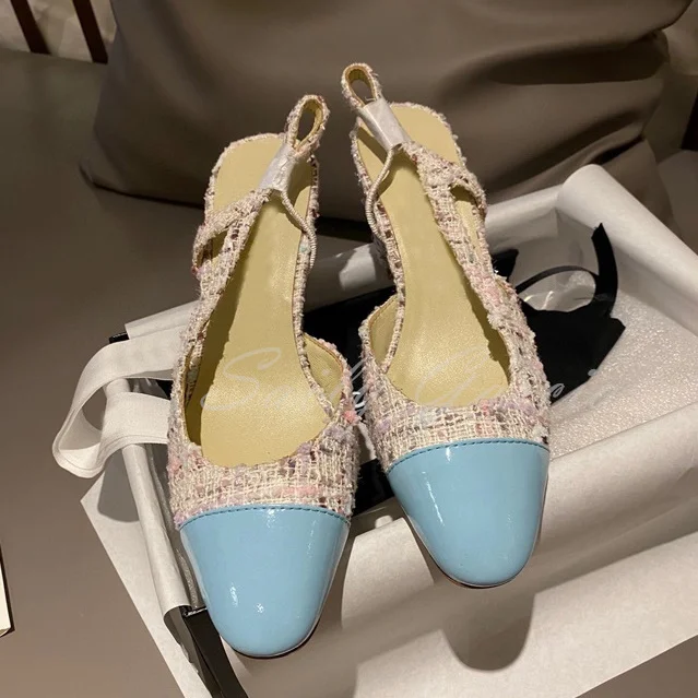 Summer New Women's Shoes Thick Heel French Square Toe Colored Patchwork Fashion Baotou Fairy Style Ankle Strap Shallow Sandals