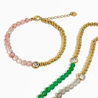 perisbox half rose crystal half gold ball bead bracelet women 316l stainless steel clear cz green grey natural stone bracelets
