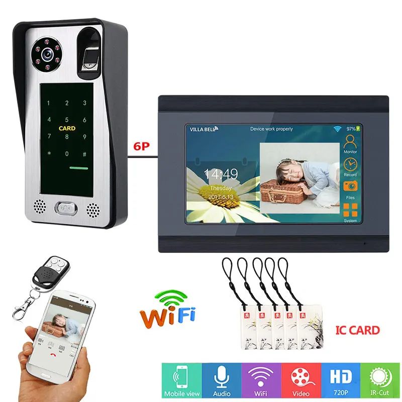 

7inch Wired Wifi Fingerprint IC Card Video Door Phone Doorbell Intercom System with Door Access Control System