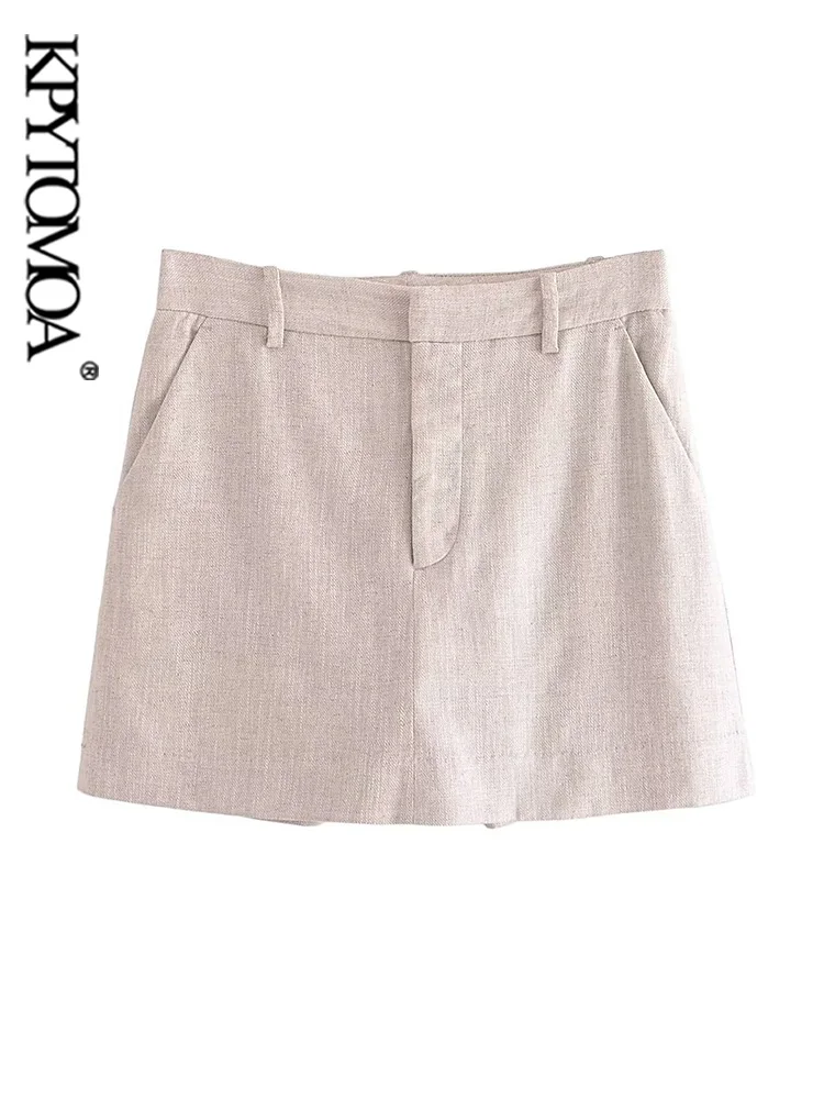 

KPYTOMOA Women Fashion Side Pockets Linen Shorts Skirts Vintage High Waist Zipper Fly Female Skort Mujer