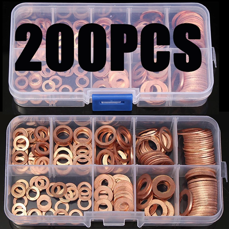 200Pcs Kupfer Washer Dichtung Mutter und Bolzen Set Flache Ring Dichtung Sortiment Kit mit Box M5/M6/m8/M10/M12/M14 für Sump Stecker
