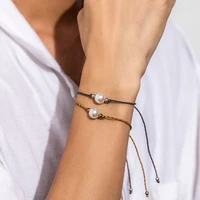 salircon fashion simple imitation pearl pendant cotton wax thread bracelet metal disc pendant couple bracelet commemorative gift
