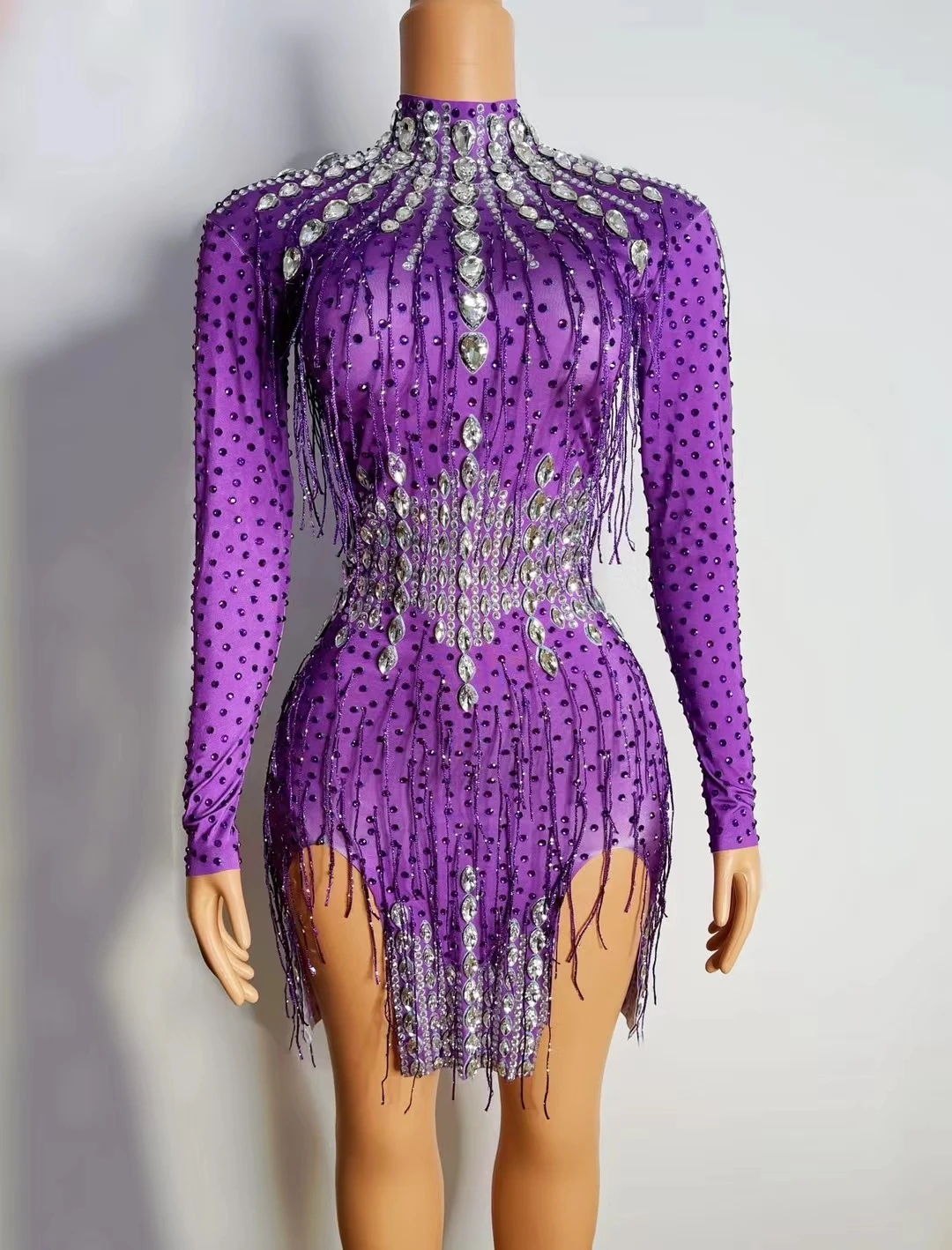 

Shining Rhinestone Tassel Party Prom DressWomen Sexy Purple Birthday Celebration CrystalDress Dancer Fringes Dress Stage Wear