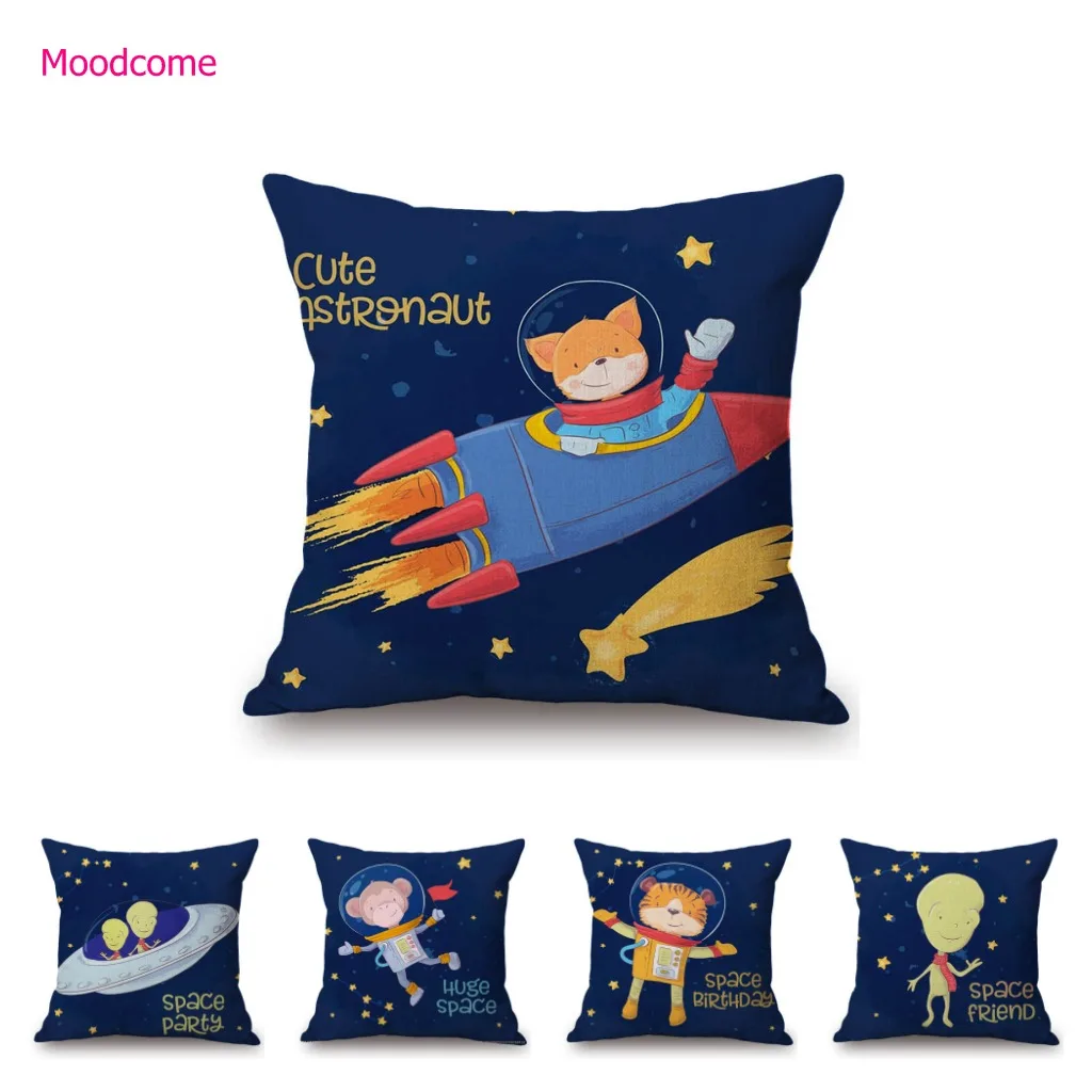 

Темно-синяя Милая мультяшная подушка с животными, милый ребенок, инопланетянин, космос, астронавт, мечта, искусственная подушка, чехол, льня...