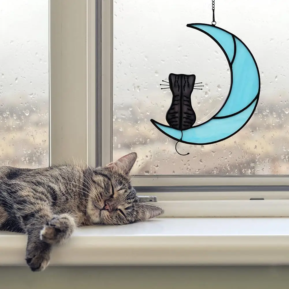 

NEW ARRIVALS Colorful Cat On Moon Hanging Ornament Handmade Cute Animals Pendant Window Home Garden Decoration For Cat Lovers