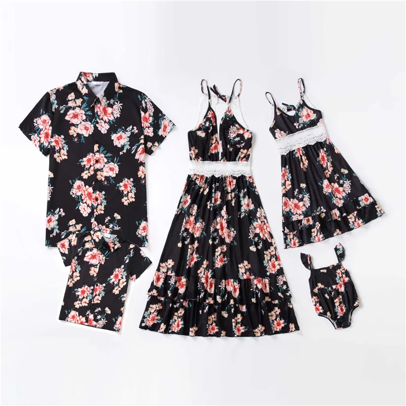

Mother Daughter Floral Print Suit Dad Boys T-shirt Tops Mom Girls Dresses Newborn Baby Rompers for Family Matching Clothes Set