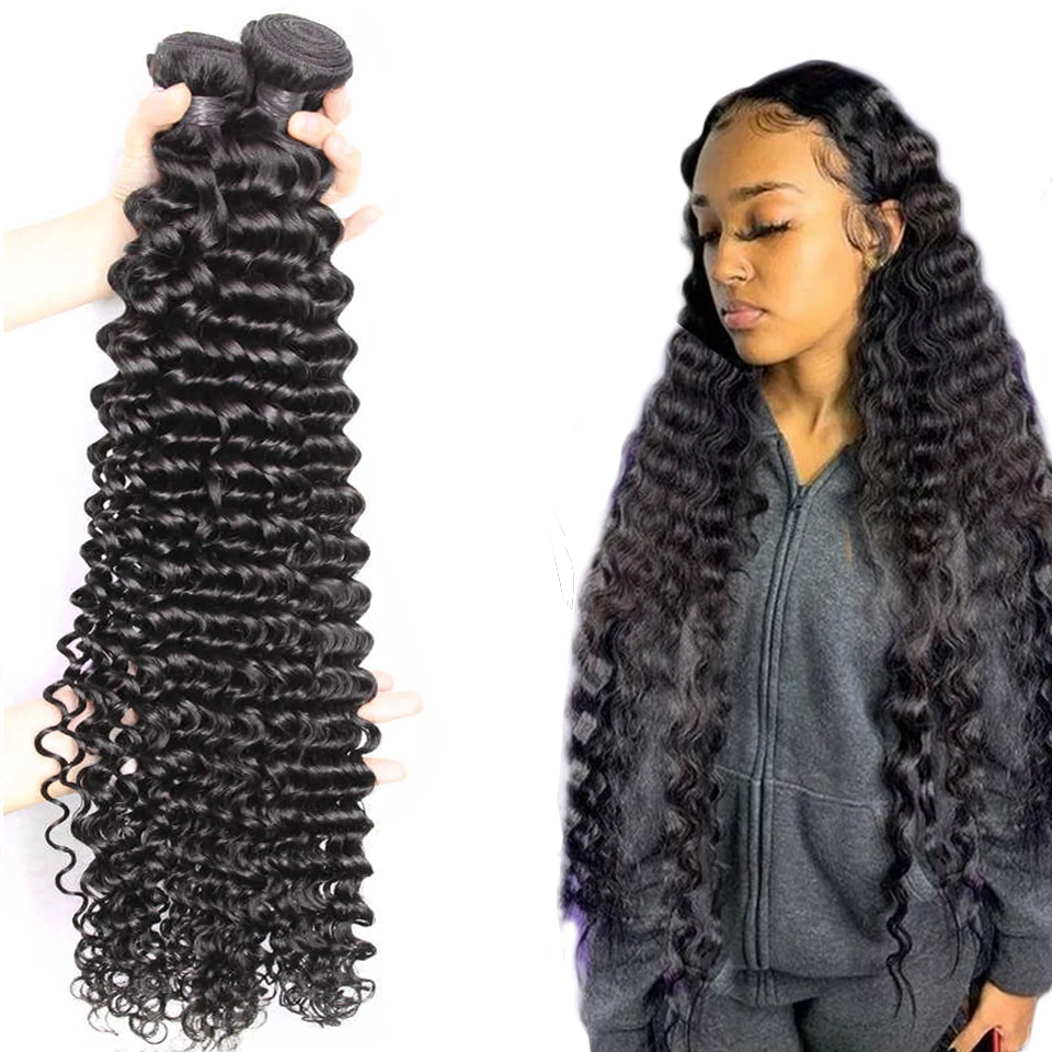 Fashow 30 32 34 36 Inch Brazilian Deep Wave Hair Bundles Deep Curly Human Hair Weaves 100% Natural Human Hair Bundles Remy Hair