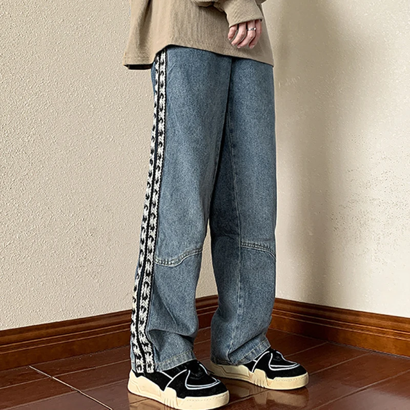 DEEPTOWN Classic Straight Jeans Men Streetwear Denim Striped Pants Hip Hop Black Blue Fashion Trousers Male Loose Casual Spring