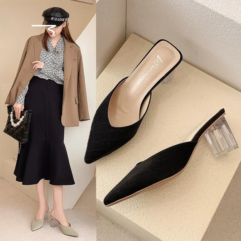 

High-Heeled Shoes Lady Transparent Slippers Luxury Slides Cover Toe Designer Pointed Rome Square heel Pumps PU Rubber Fashion