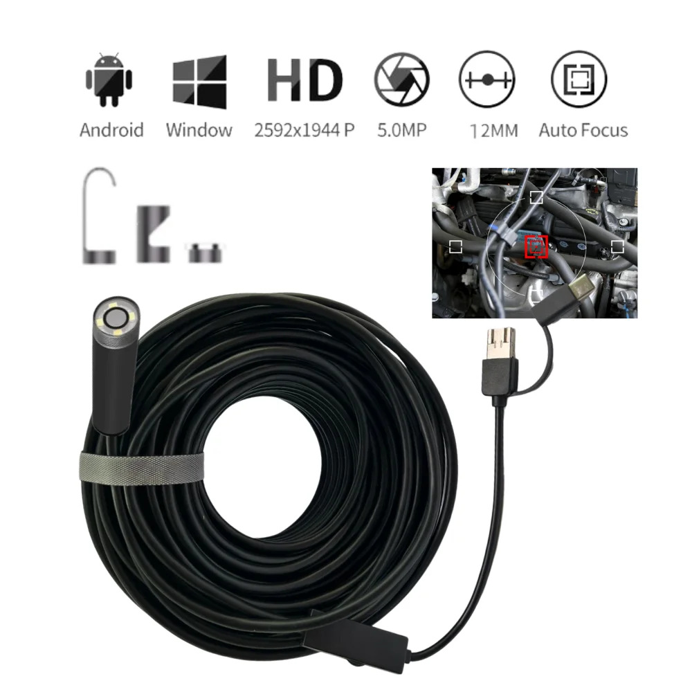 

10M 20m 12mm Auto Focus Endoscope Camera 5MP HD IP68 Waterproof Fishing Camera USB Sewer Inspection Borescope Support Android PC