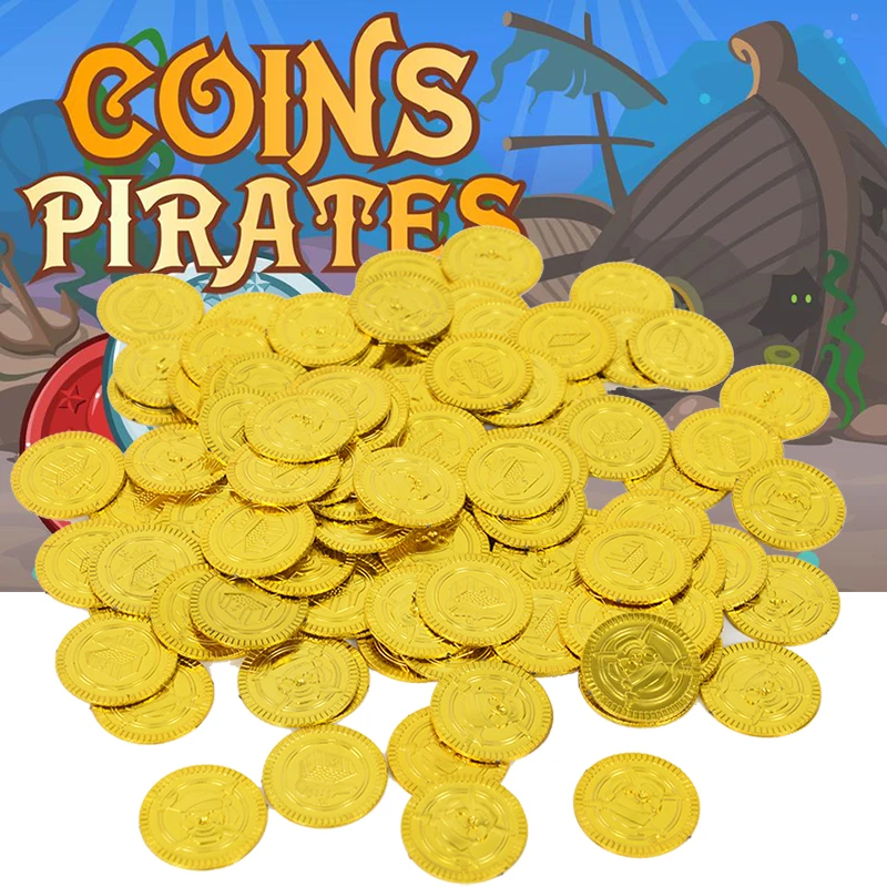 

100p Pirate Gold Coins Halloween Kids Birthday Party Decoration Plastic Fake Gold Coins Pirate Party Kids Gifts Holiday Supplies